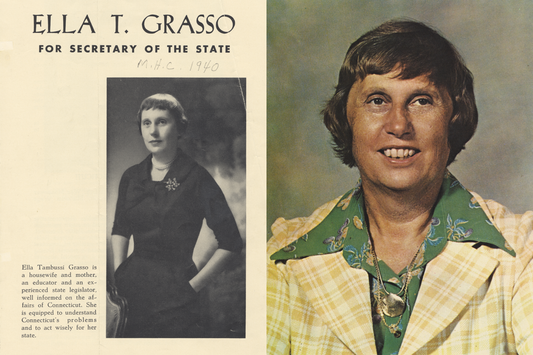 Ella T. Grasso campaign flyer (1958) and portrait (ca 1974). Courtesy of Mount Holyoke College Archives and Special Collections.