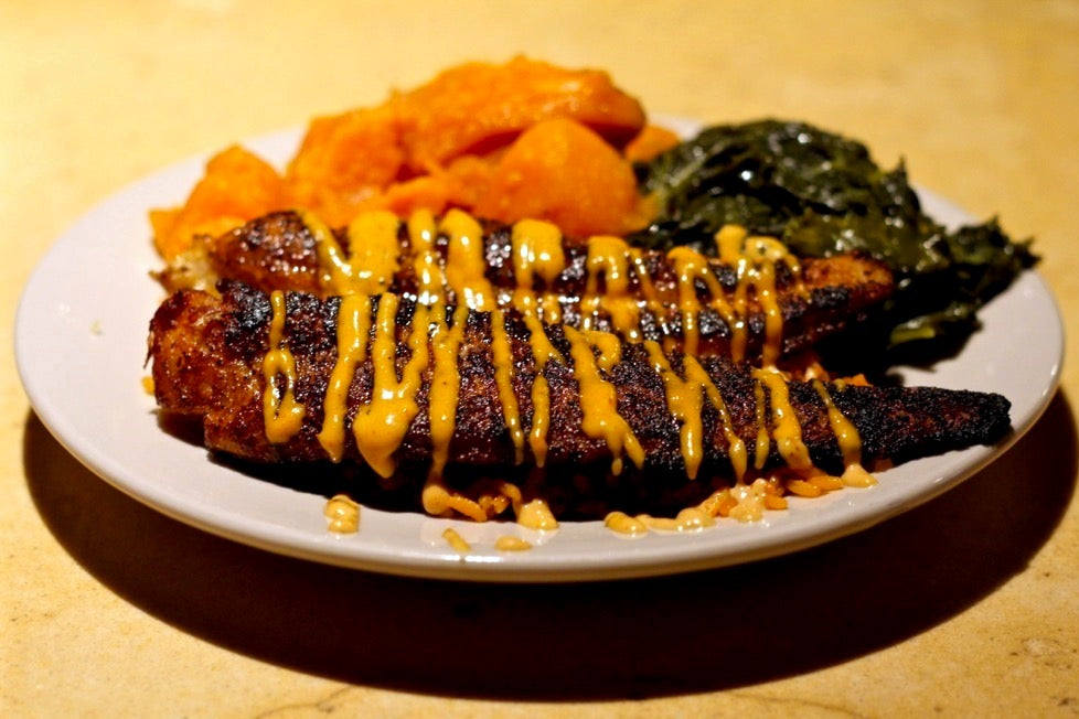 Blackened Fish, Kale Greens and Candied Yams at Sandra’s Next Generation, New Haven