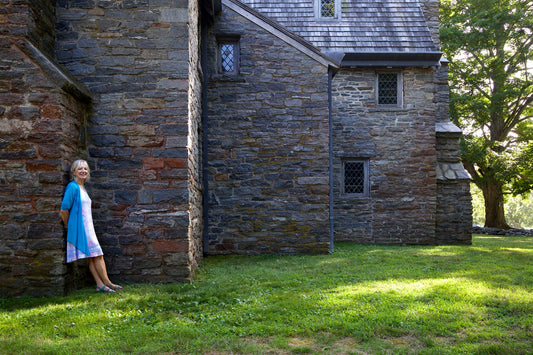 Sandi Shelton, a.k.a. Maddie Dawson, behind the Henry Whitfield State Museum in Guilford, CT